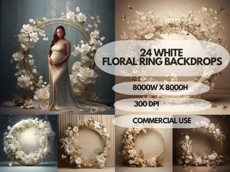 24x White Floral Ring Digital Backdrops