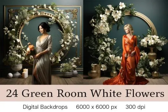 24 Green Room White Flowers Backdrops