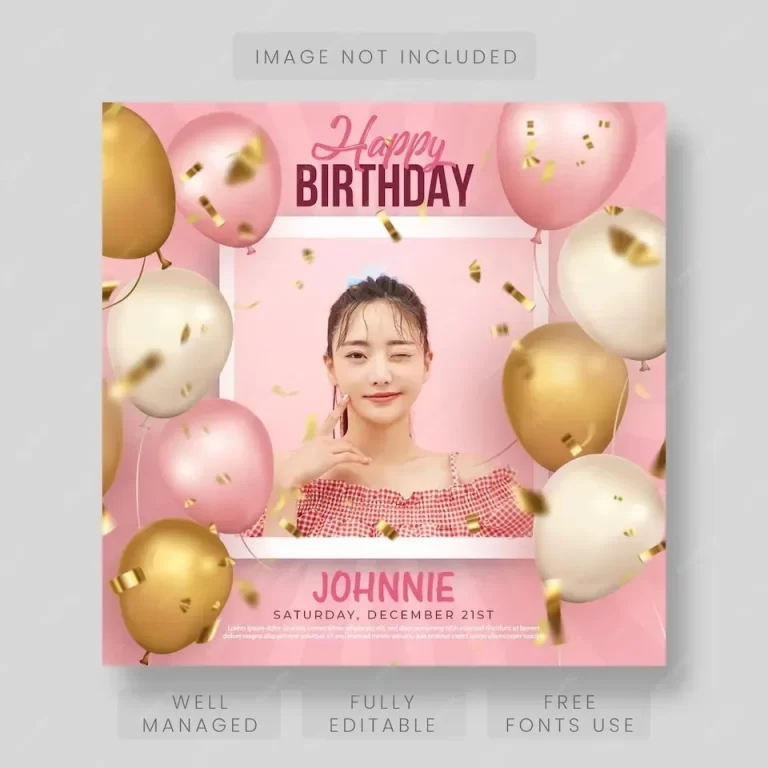 Beautiful happy birthday card with balloons and photo frame template