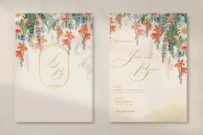 Modern vintage wedding invitation with garden flower bouquet