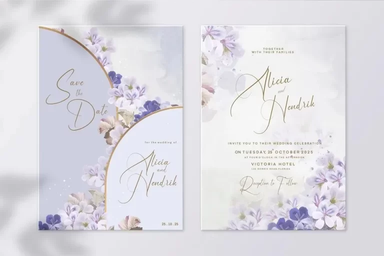 Floral wedding invitation template with purple flower