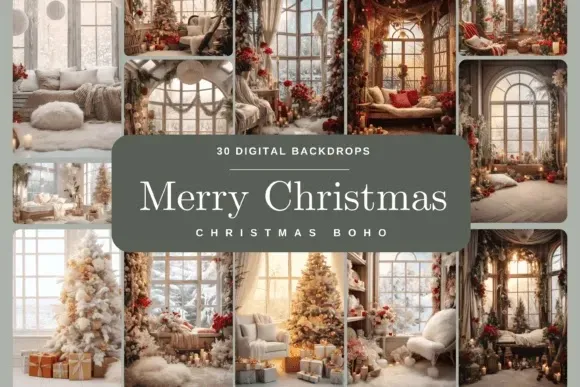 Christmas Boho Room Digital Backdrop