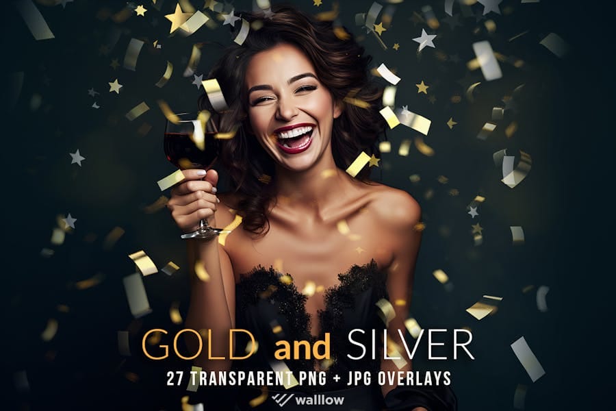 Gold and silver confetti transparent PNG overlays - Đồ Hoạ Vip