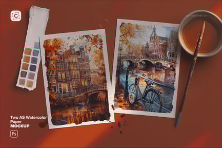 Two A5 Watercolor Paper Mockup