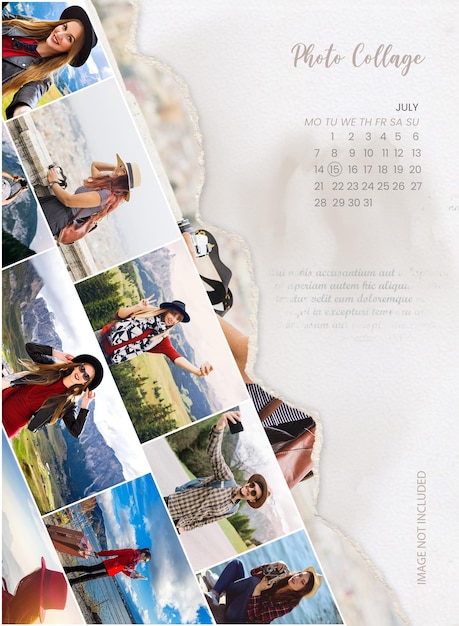 A vibrant photo collage showcases a womans travel adventures with a calendar template for july