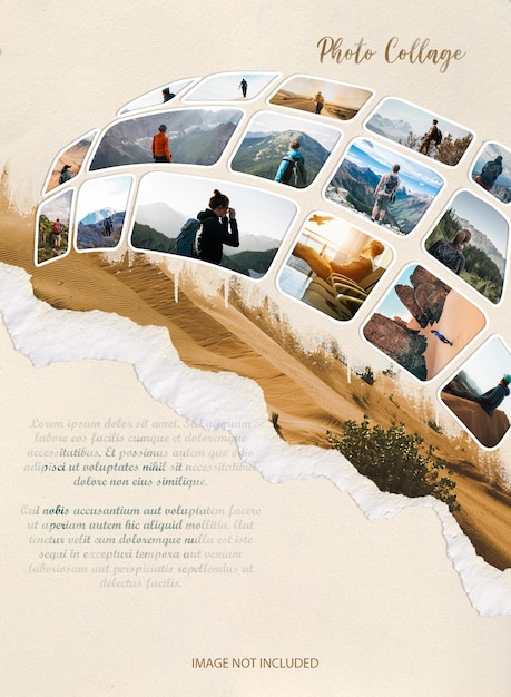 An inspiring photo collage showcases hikers exploring scenic mountain landscapes during their outdoor
