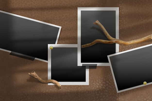 Arrangement of polaroid photos and twigs