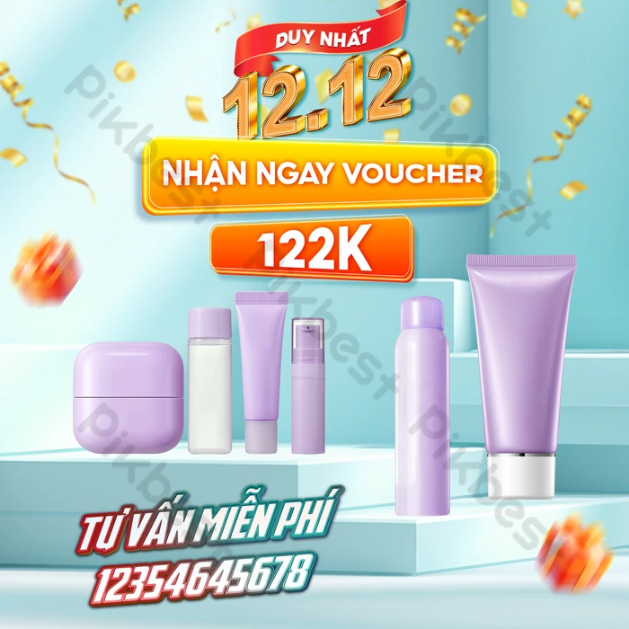 Banner Sale Trưng Bày Mỹ Phẩm Màu Tím Nền Xanh