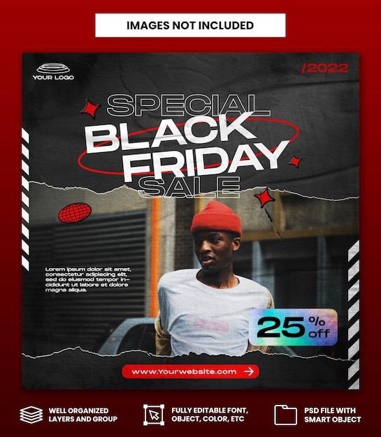 Black friday with torn paper style social media post template or square flyer