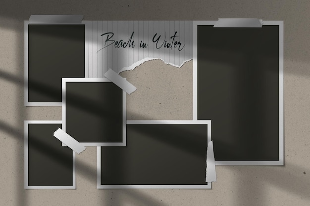 Collection of pinned polaroid photographs on a textured wall with a handwritten memo