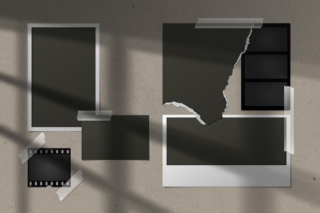 Collection of vintage photographs and film strips with shadows and tape