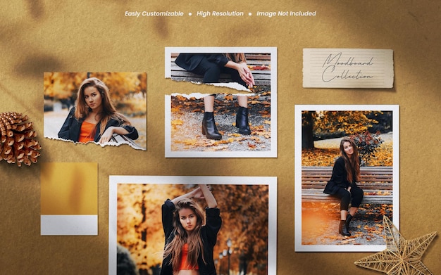 Creative mood board polaroid photo paper and grunge frame mockup with shadow overlay