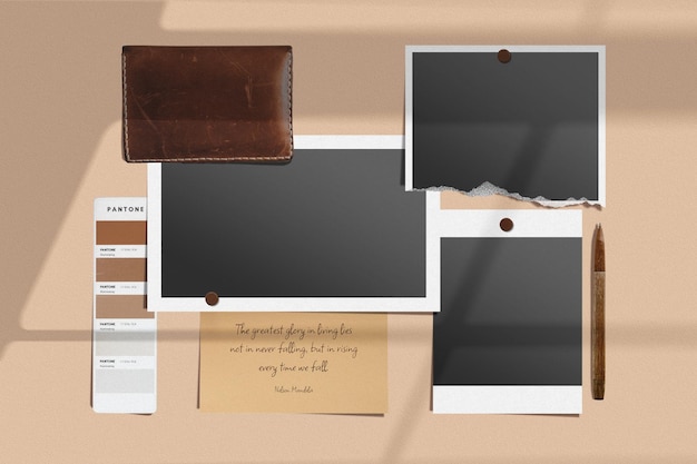 Curated mood board with polaroid photos and a leather wallet