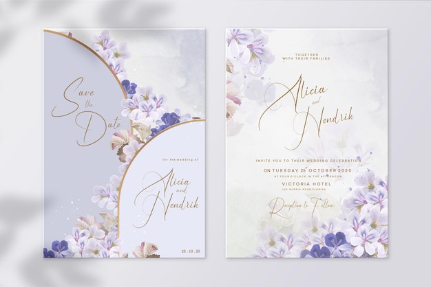 Floral wedding invitation template with purple flower