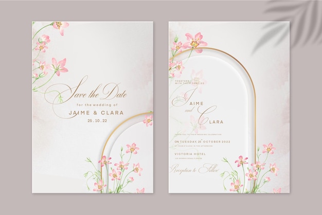Geometric wedding invitation template with pink flower