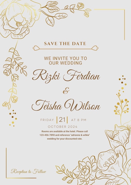 Golden flower minimalist wedding invitation save the date card