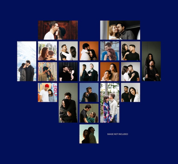 Heart-shaped collage of diverse couples embracing each other with love