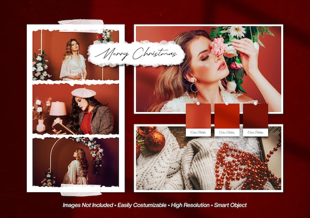Merry christmas moodboard photo collage mockup with shadow overlay