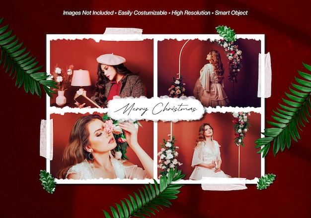 Merry christmas moodboard photo collage mockup with shadow overlay
