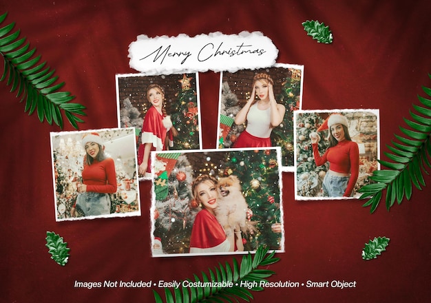 Merry christmas moodboard photo collage mockup with shadow overlay