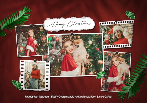 Merry christmas moodboard photo collage mockup with shadow overlay