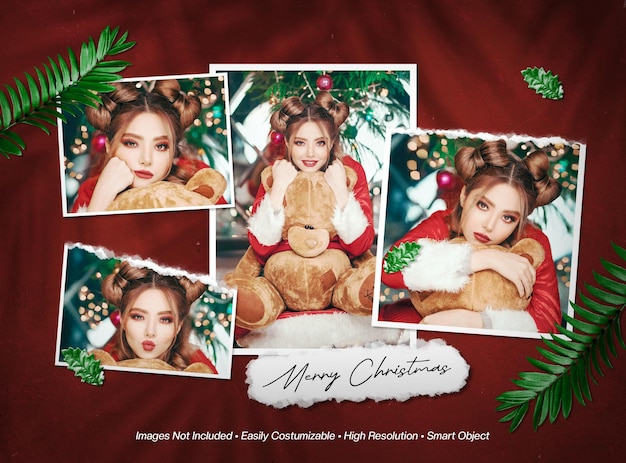 Merry christmas moodboard photo collage mockup with shadow overlay