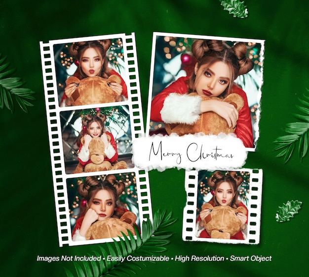 Merry christmas moodboard photo collage mockup with shadow overlay