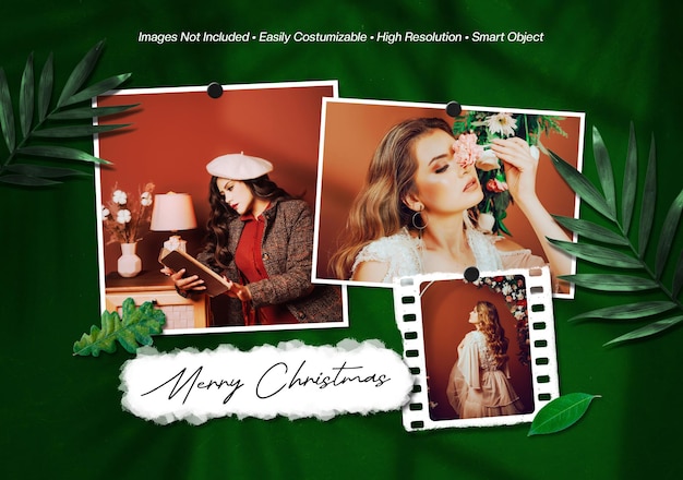 Merry christmas moodboard photo collage mockup with shadow overlay