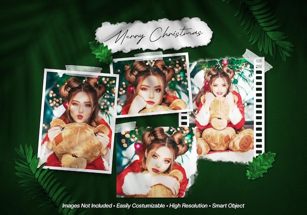 Merry christmas moodboard photo collage mockup with shadow overlay