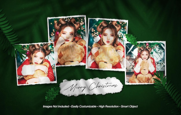 Merry christmas moodboard photo collage mockup with shadow overlay