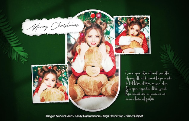 Merry christmas moodboard photo collage mockup with shadow overlay