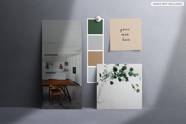 Mockup of mood board concept with paper photo card sticker palette collage set isolated