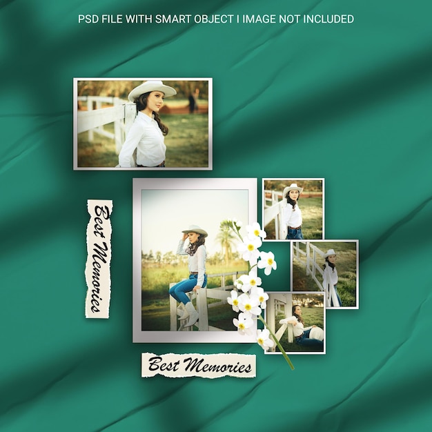 Modern shadow overlay photo frame polaroid mockup with texture and flower premium psd