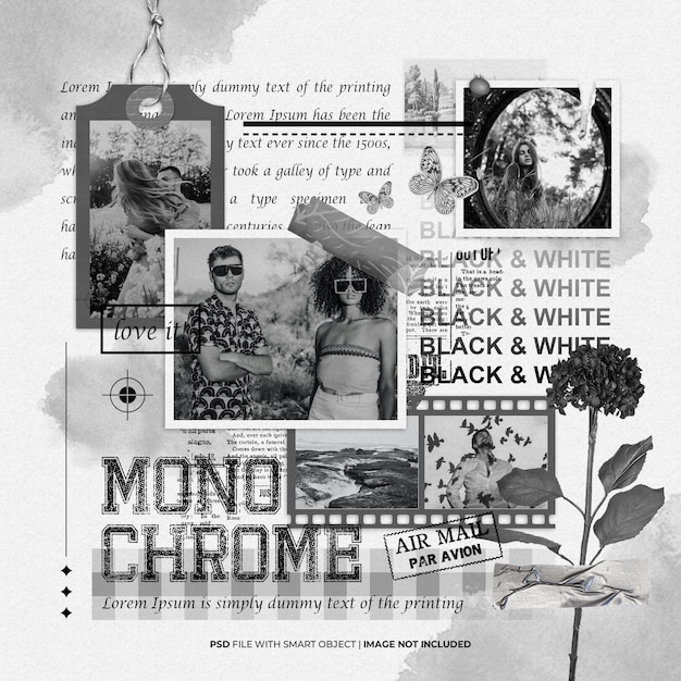 Monocrome black and white photo frame set moodboard mockup