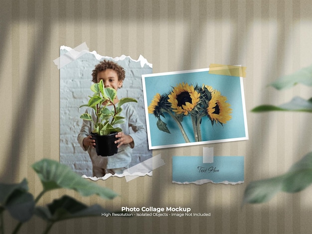 Moodboard mockup with photo collage and taped torn paper composition