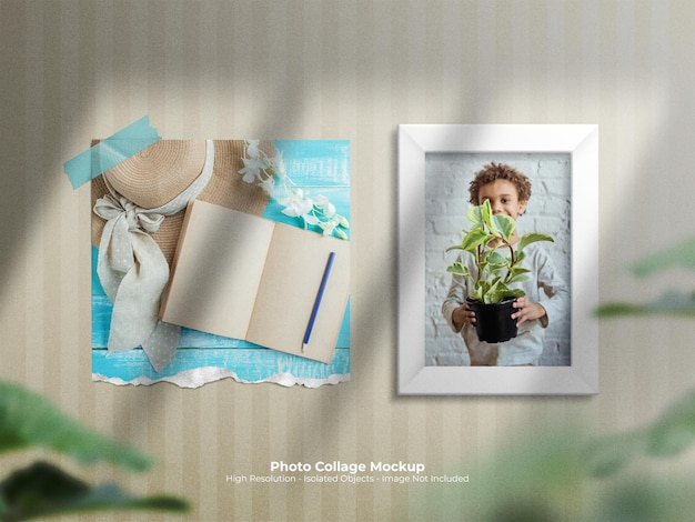 Moodboard mockup with photo collage and taped torn paper composition