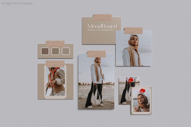 Moodboard mockup with photos beige color palette and tape
