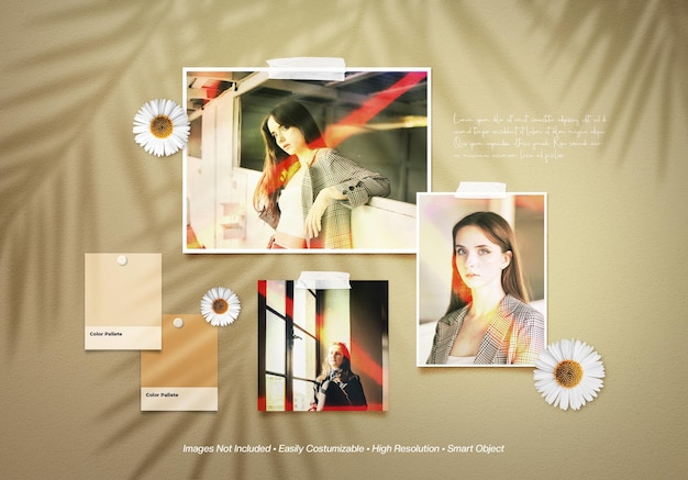 Moodboard photo collage mockup with shadow overlay