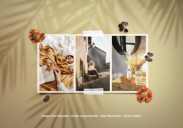 Moodboard photo collage mockup with shadow overlay