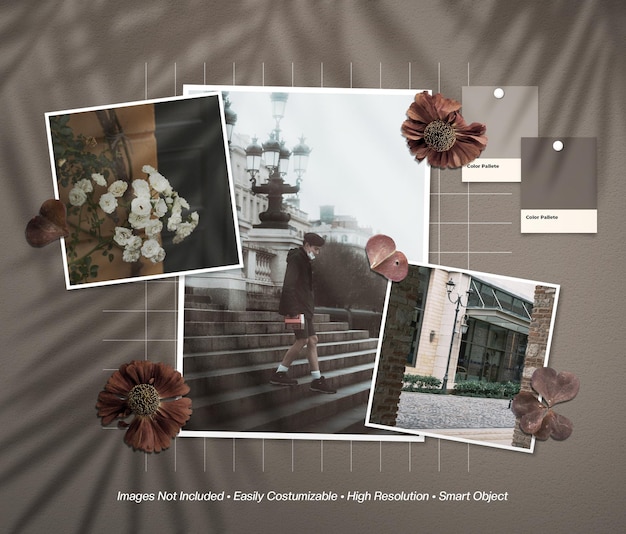 Moodboard photo collage mockup with shadow overlay