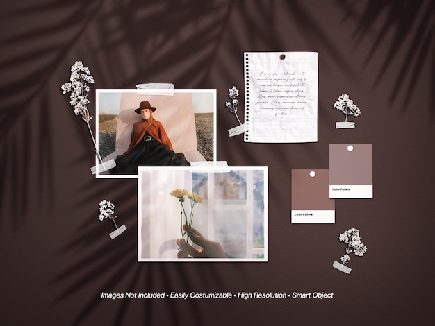 Moodboard photo collage mockup with shadow overlay