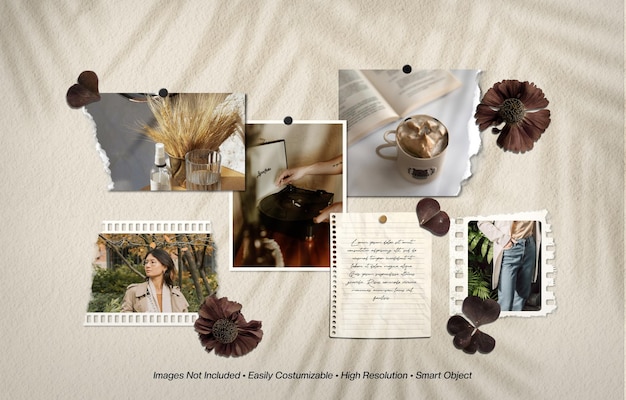 Moodboard photo collage mockup with shadow overlay