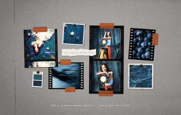 Old vintage photo paper frames collage filmstrip moodboard mockup