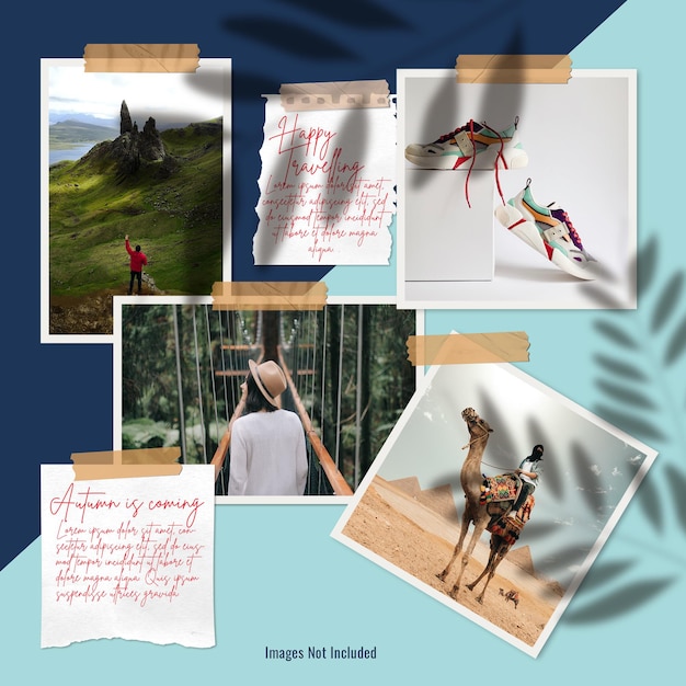 Polaroid photos stuck by scotch tape mood board presentation