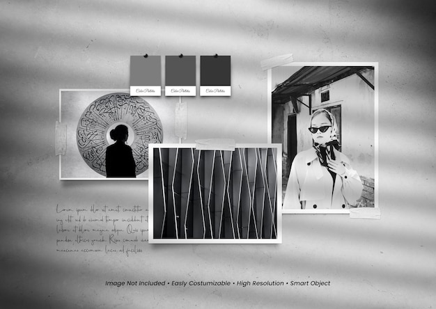 Realistic and minimalist moodboard polaroid photo paper frame mockup with shadow overlay