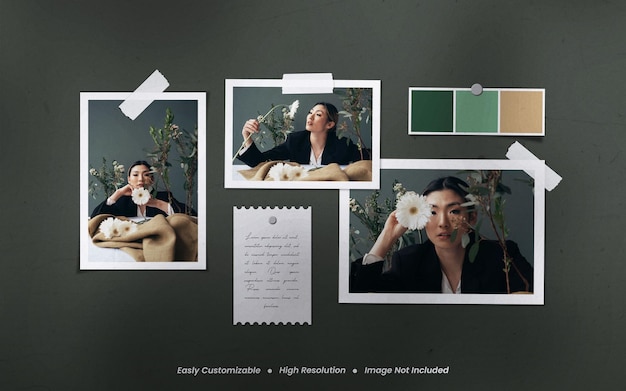 Realistic and minimalist moodboard polaroid torn photo paper film frame mockup with shadow overlay