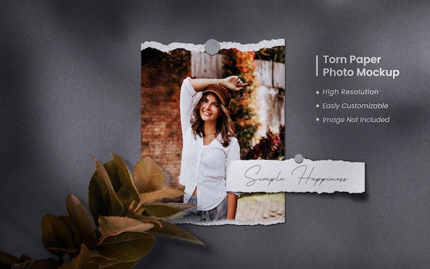Realistic and minimalist moodboard polaroid torn photo paper film frame mockup with shadow overlay