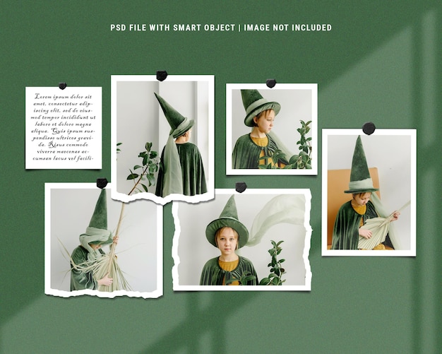 Realistic luxury green polaroid moodboard photo mockup premium psd