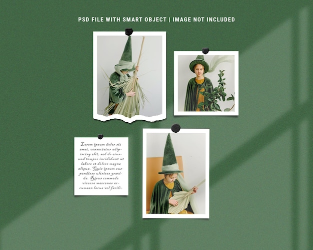 Realistic luxury green polaroid moodboard photo mockup premium psd