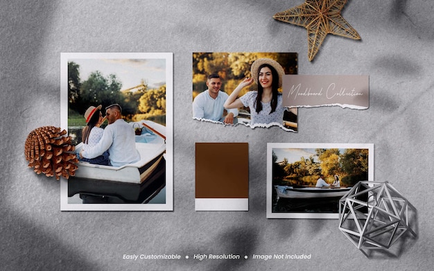 Realistic minimalist and modern moodboard polaroid photo paper frame mockup with shadow overlay